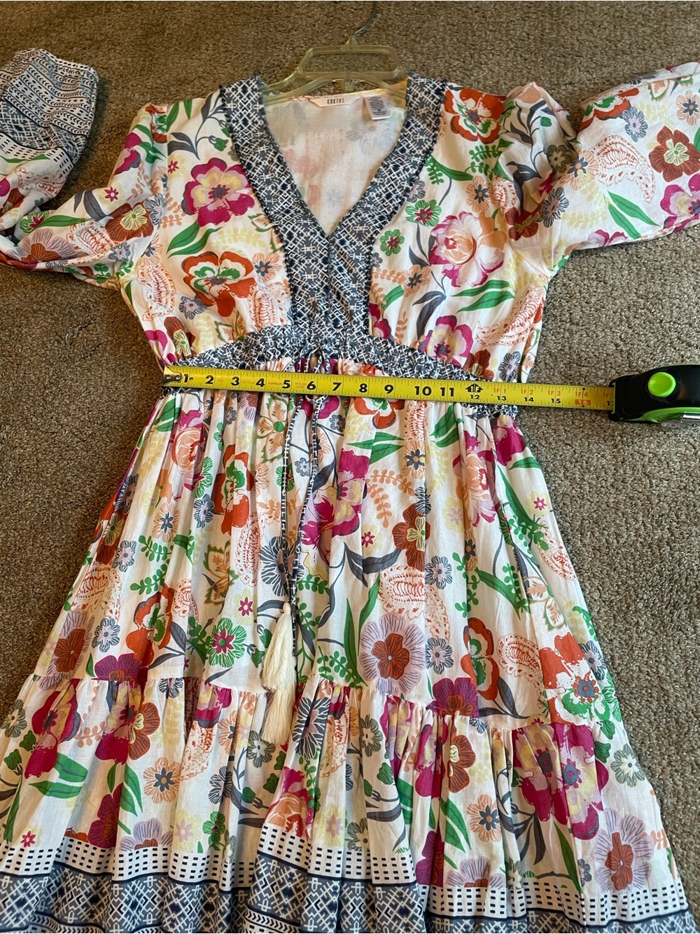 Kaktus Boho Floral Tiered Womens Dress with Blue Trim Size M V Neck Cottagecore - Picture 10 of 12